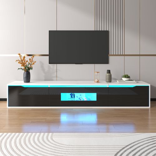 Meuble TV 180x35x30 Cm Blanc Et Noir Laqué Haute Brillance Avec LED 16 Couleurs