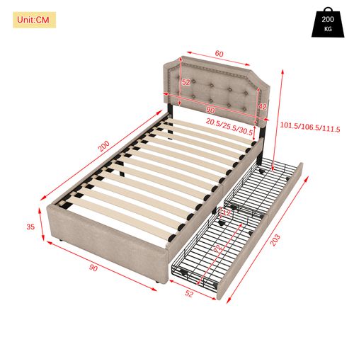 Lit Enfant 90x200 Cm Lin Beige-brun Avec 2 Tiroirs De Rangement Et Sommier à Lattes