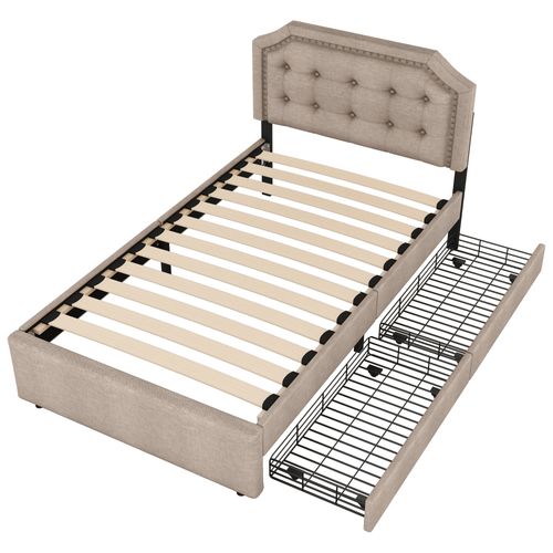 Lit Enfant 90x200 Cm Lin Beige-brun Avec 2 Tiroirs De Rangement Et Sommier à Lattes