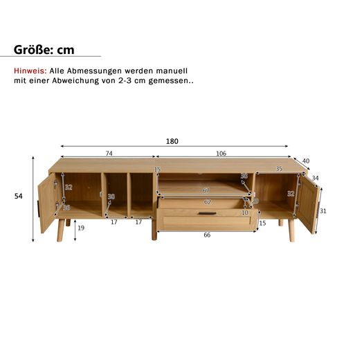 Meuble TV Couleur Chêne 180 Cm Avec 2 Portes, Tiroir Et 3 Niches, Décor Rotin
