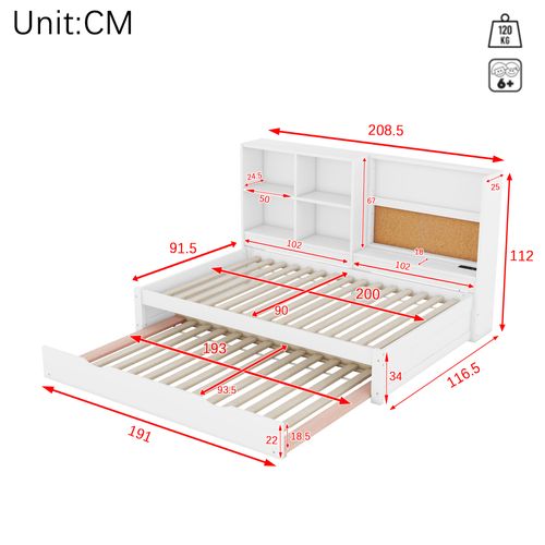 Lit Enfant Gigogne 90x200 Cm En Pin Avec Ports USB, Tableau Effaçable, Rangements Pratique, Blanc
