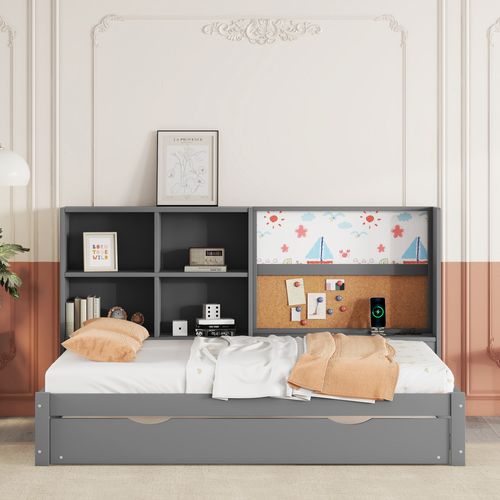 Lit Enfant Gigogne 90x200 Cm En Pin Avec Ports USB, Tableau Effaçable, Rangements Pratique, Gris