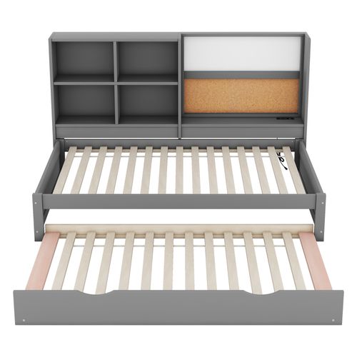 Lit Enfant Gigogne 90x200 Cm En Pin Avec Ports USB, Tableau Effaçable, Rangements Pratique, Gris