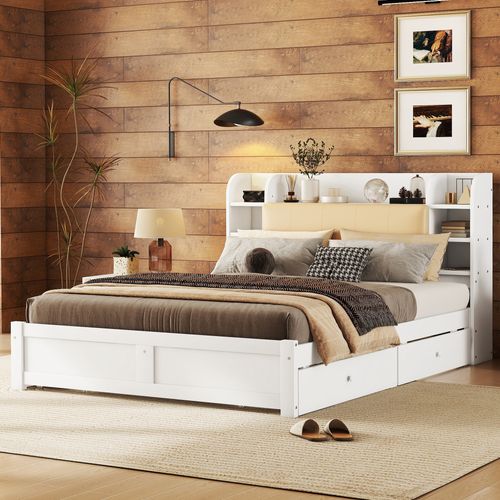 Lit Adulte 160x200 Cm En Pin Blanc Avec 4 Tiroirs Et Tête De Lit Avec Rangements