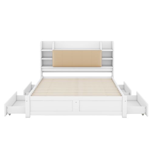 Lit Adulte 160x200 Cm En Pin Blanc Avec 4 Tiroirs Et Tête De Lit Avec Rangements