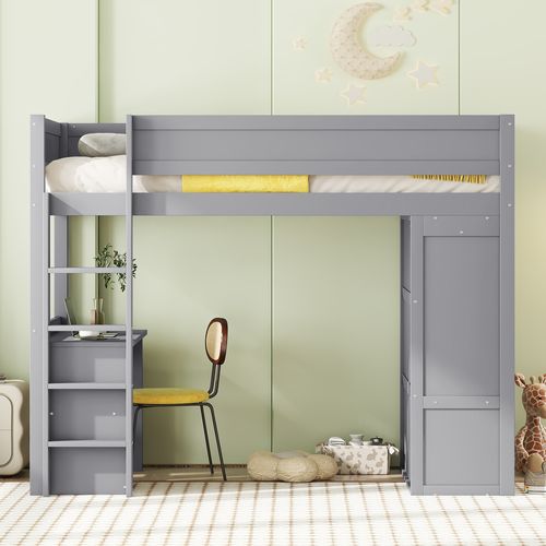 Lit Enfant Mezzanine 90x200 Cm, Armoire Avec 2 Portes Coulissantes, Bureau Et 2 Tiroirs, Pin Gris
