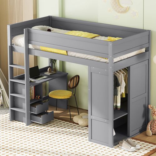Lit Enfant Mezzanine 90x200 Cm, Armoire Avec 2 Portes Coulissantes, Bureau Et 2 Tiroirs, Pin Gris