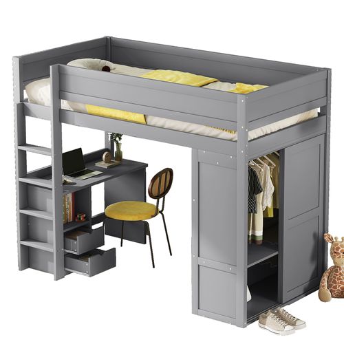 Lit Enfant Mezzanine 90x200 Cm, Armoire Avec 2 Portes Coulissantes, Bureau Et 2 Tiroirs, Pin Gris