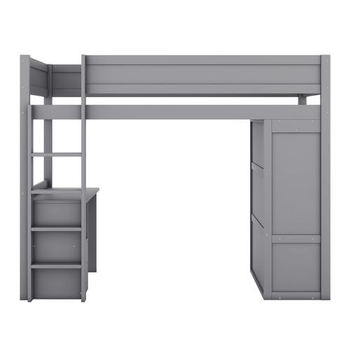 Lit Enfant Mezzanine 90x200 Cm, Armoire Avec 2 Portes Coulissantes, Bureau Et 2 Tiroirs, Pin Gris