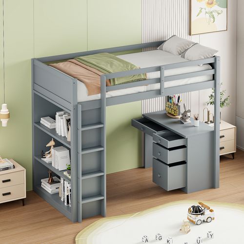 Lit Mezzanine Enfant 90x200 Cm Avec Bureau Intégré Et Rangements En Bois Gris Robuste