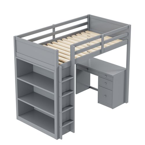 Lit Mezzanine Enfant 90x200 Cm Avec Bureau Intégré Et Rangements En Bois Gris Robuste