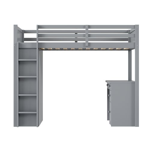 Lit Mezzanine Enfant 90x200 Cm Avec Bureau Intégré Et Rangements En Bois Gris Robuste