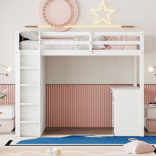 Lit Mezzanine Enfant 90x200 Cm Bois Blanc Avec Rangements Et Bureau Intégré, Design Sécurisé