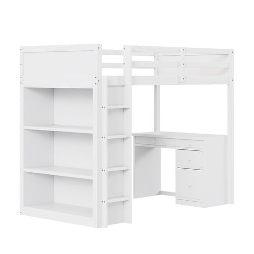 Lit Mezzanine Enfant 90x200 Cm Bois Blanc Avec Rangements Et Bureau Intégré, Design Sécurisé