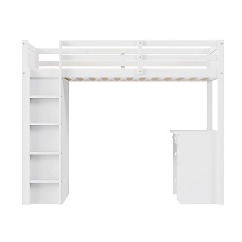 Lit Mezzanine Enfant 90x200 Cm Bois Blanc Avec Rangements Et Bureau Intégré, Design Sécurisé