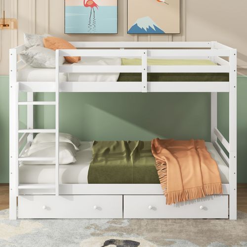 Lit Superposé 140x200 Cm En Pin Blanc Avec 2 Tiroirs Et Hautes Barrières De Sécurité