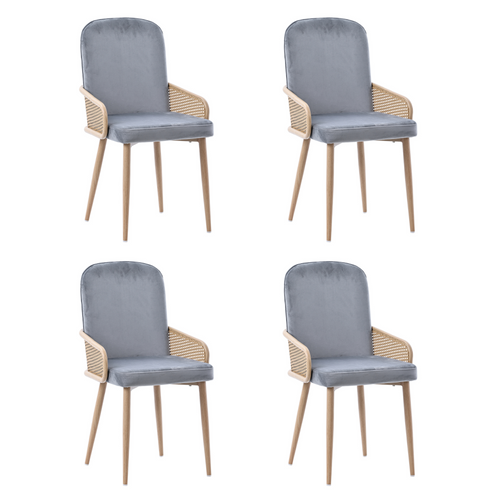 Lot De 4 Chaises En Velours Gris, Design Rotin, Pieds Métal Effet Bois