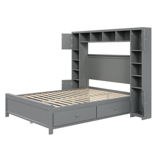 Lit 140x200 Cm 2 Places Avec Rangement, 4 Tiroirs Et Grand Placard, Bois Gris, Sommier à Lattes