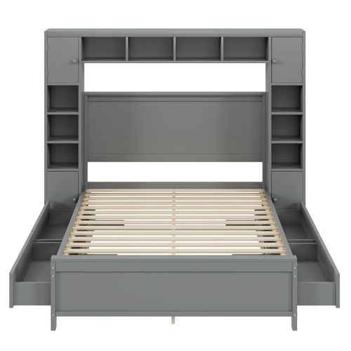 Lit 140x200 Cm 2 Places Avec Rangement, 4 Tiroirs Et Grand Placard, Bois Gris, Sommier à Lattes