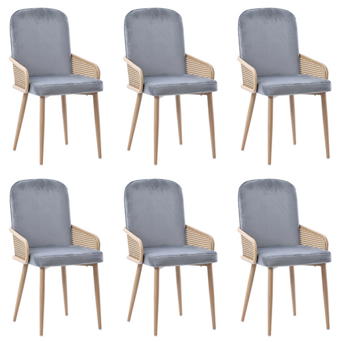 Lot De 6 Chaises Velours Design Rotin, Pieds Métal Effet Bois, Gris