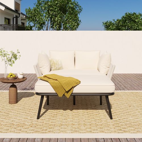 Canapé D'extérieur Jardin Beige En Acier Et Polyester Pour Jardin, Coussins 10 Cm, 130x120 Cm