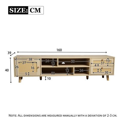 Meuble TV 160 X 39 X 40 Cm En Bois Chêne Avec 2 Tiroirs, 4 Niches Et Porte