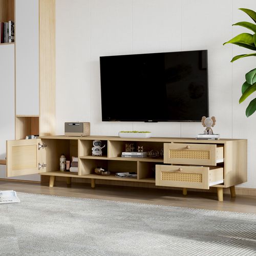 Meuble TV 160 X 39 X 40 Cm En Bois Chêne Avec 2 Tiroirs, 4 Niches Et Porte
