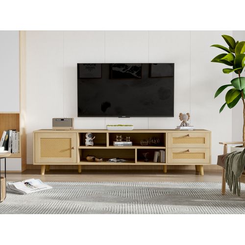 Meuble TV 160 X 39 X 40 Cm En Bois Chêne Avec 2 Tiroirs, 4 Niches Et Porte