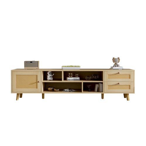 Meuble TV 160 X 39 X 40 Cm En Bois Chêne Avec 2 Tiroirs, 4 Niches Et Porte