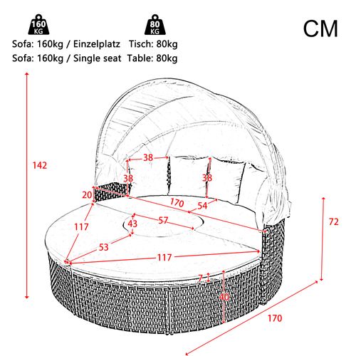 Salon De Jardin Rond 170 Cm En Rotin Beige Avec Table Relevable Et Pare-soleil Pliable