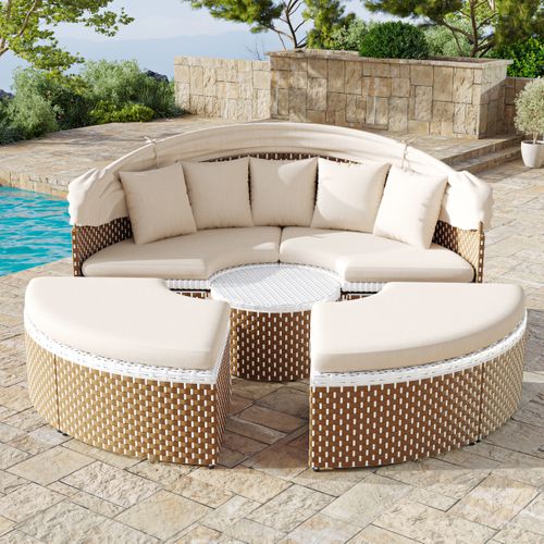 Salon De Jardin Rond 170 Cm En Rotin Beige Avec Table Relevable Et Pare-soleil Pliable