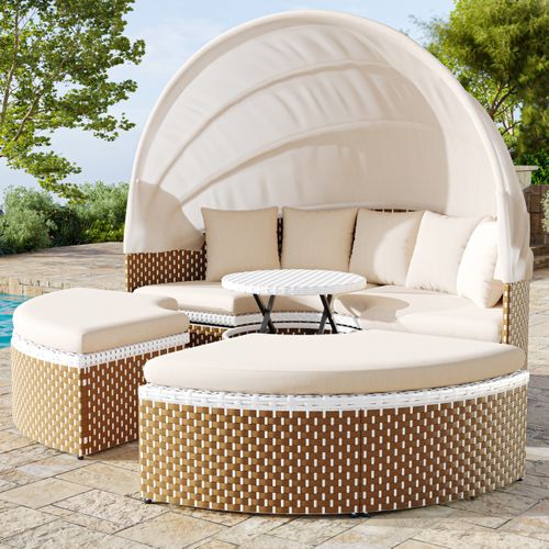 Salon De Jardin Rond 170 Cm En Rotin Beige Avec Table Relevable Et Pare-soleil Pliable