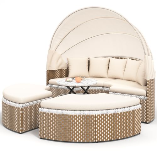 Salon De Jardin Rond 170 Cm En Rotin Beige Avec Table Relevable Et Pare-soleil Pliable
