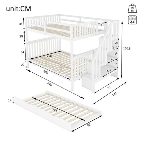 Lit Superposé 140x200 Cm Avec Lit Gigogne Et Escalier à Étagères, Pin Blanc