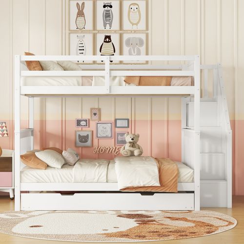 Lit Superposé 140x200 Cm Avec Lit Gigogne Et Escalier à Étagères, Pin Blanc