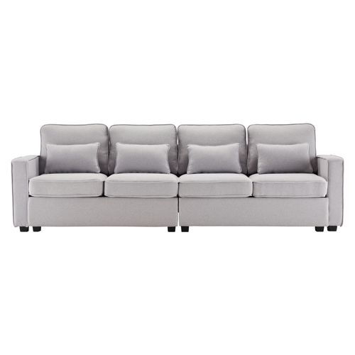 Canapé 4 Places En Lin Gris, Dossier Haut, 4 Coussins Lombaires Et Poches D'accoudoir