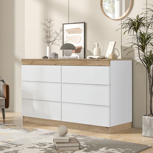 Commode 6 Tiroirs Avec Compartiment, Blanc Et Chêne, Style Classique