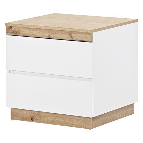 Table De Chevet Compacte Avec 2 Tiroirs, Bois Blanc Et Effet Chêne