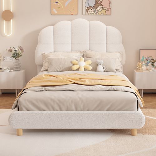 Lit Enfant 90x200 Cm Tissu Bouclé Blanc, Tête De Lit Fleur, Sommier à Lattes