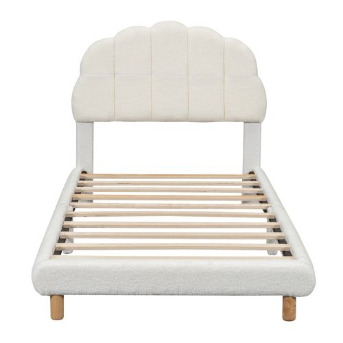 Lit Enfant 90x200 Cm Tissu Bouclé Blanc, Tête De Lit Fleur, Sommier à Lattes