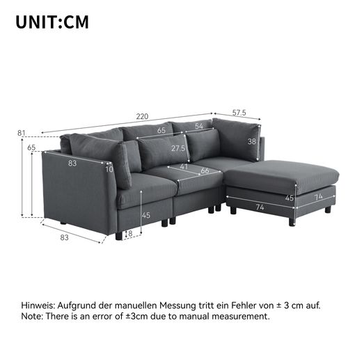 Canapé D'angle 3 Places En Lin Gris, Dossier Haut, Repose-pieds Mobile, 5 Coussins