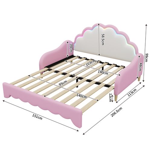 Lit Enfant 140x200 Cm Extensible Avec LED Et Sommier à Lattes, Pu Rose