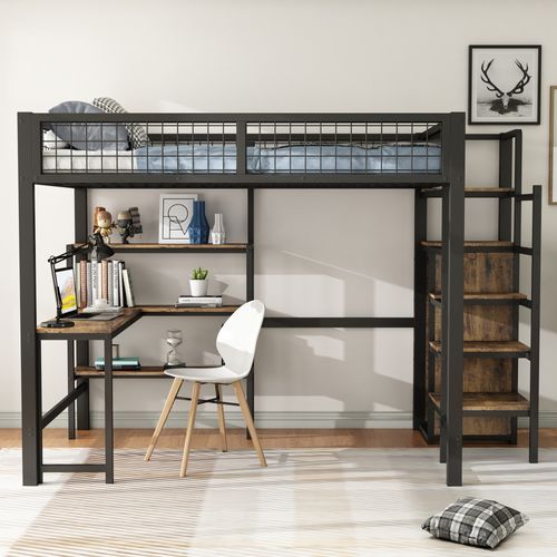 Lit Mezzanine Adulte 140x200 Cm Métal Noir Avec Bureau Intégré Et Rangement, Étagères Et Armoire