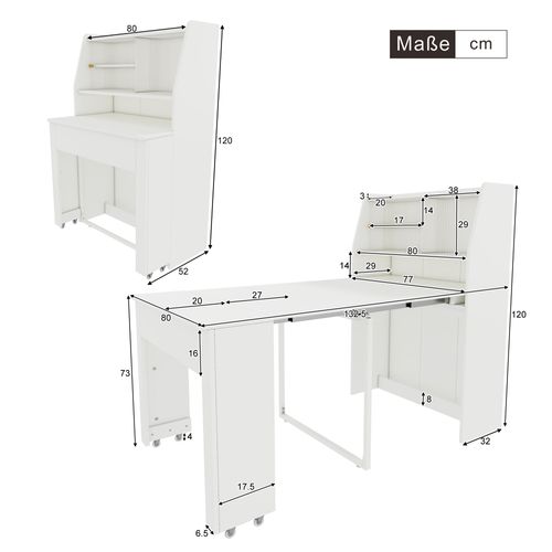 Table à Manger Extensible, Bar 52-132,5 Cm, Avec Rangements Portes En Verre, Bois Blanc Et Métal