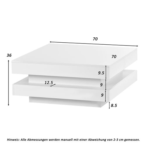 Table Basse Carrée Blanche 70x70x36 Cm Avec Plateau Pivotant Et Éclairage LED 16 Couleurs