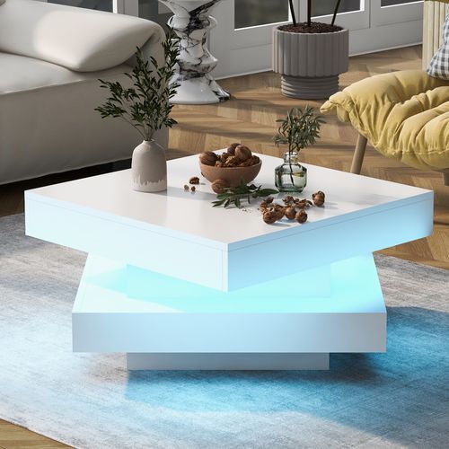 Table Basse Carrée Blanche 70x70x36 Cm Avec Plateau Pivotant Et Éclairage LED 16 Couleurs