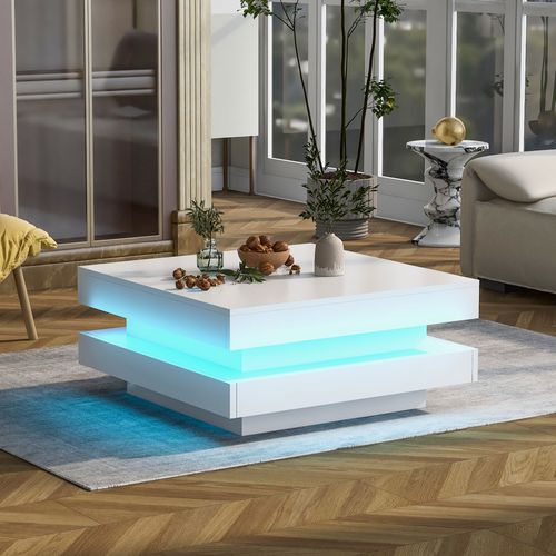 Table Basse Carrée Blanche 70x70x36 Cm Avec Plateau Pivotant Et Éclairage LED 16 Couleurs