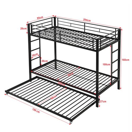 Lit Enfant Superposé 90x200 Cm Avec Lit Gigogne 90x190 Cm En Métal Noir, Design Moderne