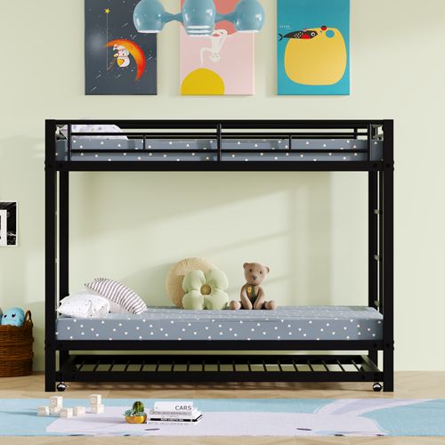 Lit Enfant Superposé 90x200 Cm Avec Lit Gigogne 90x190 Cm En Métal Noir, Design Moderne