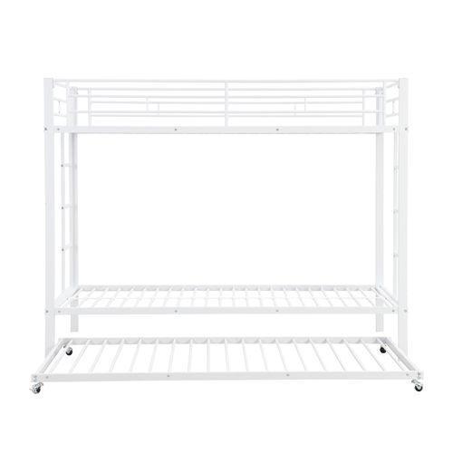 Lit Enfant Superposé 90x200 Cm Avec Lit Gigogne 90x190 Cm, Métal Blanc, Garde-corps Haut